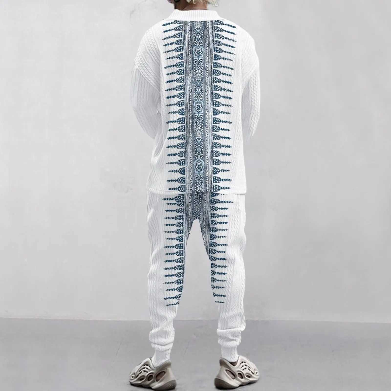Mens retro technology printed traditional fabric loose V-neck casual long sleeved mens dressXJ250412