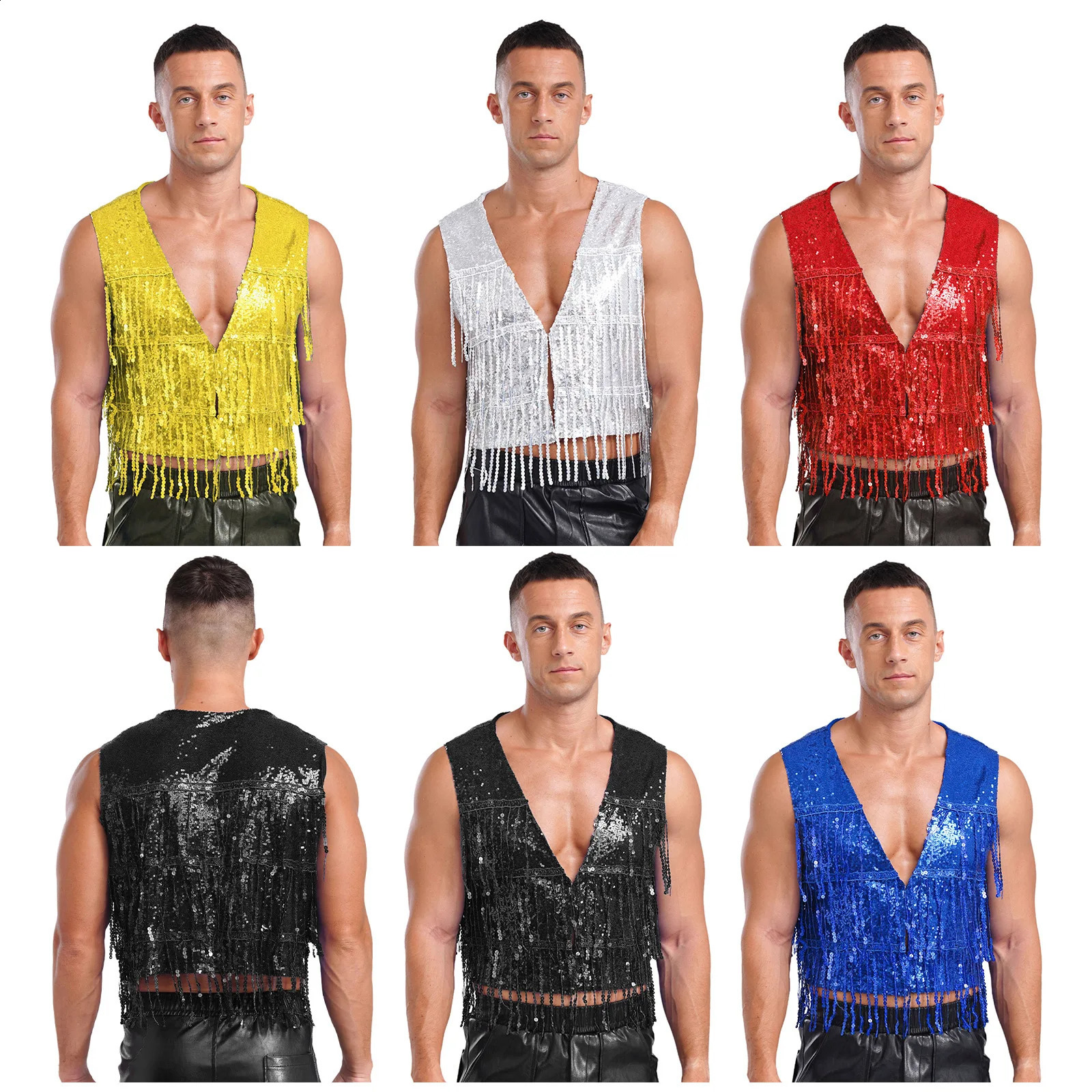 Men Shiny Sequins Club Dance Costume Vest Sleeveless Tassel Waistcoat Musical Festival Carnival Stage Performance Dancewear 250407