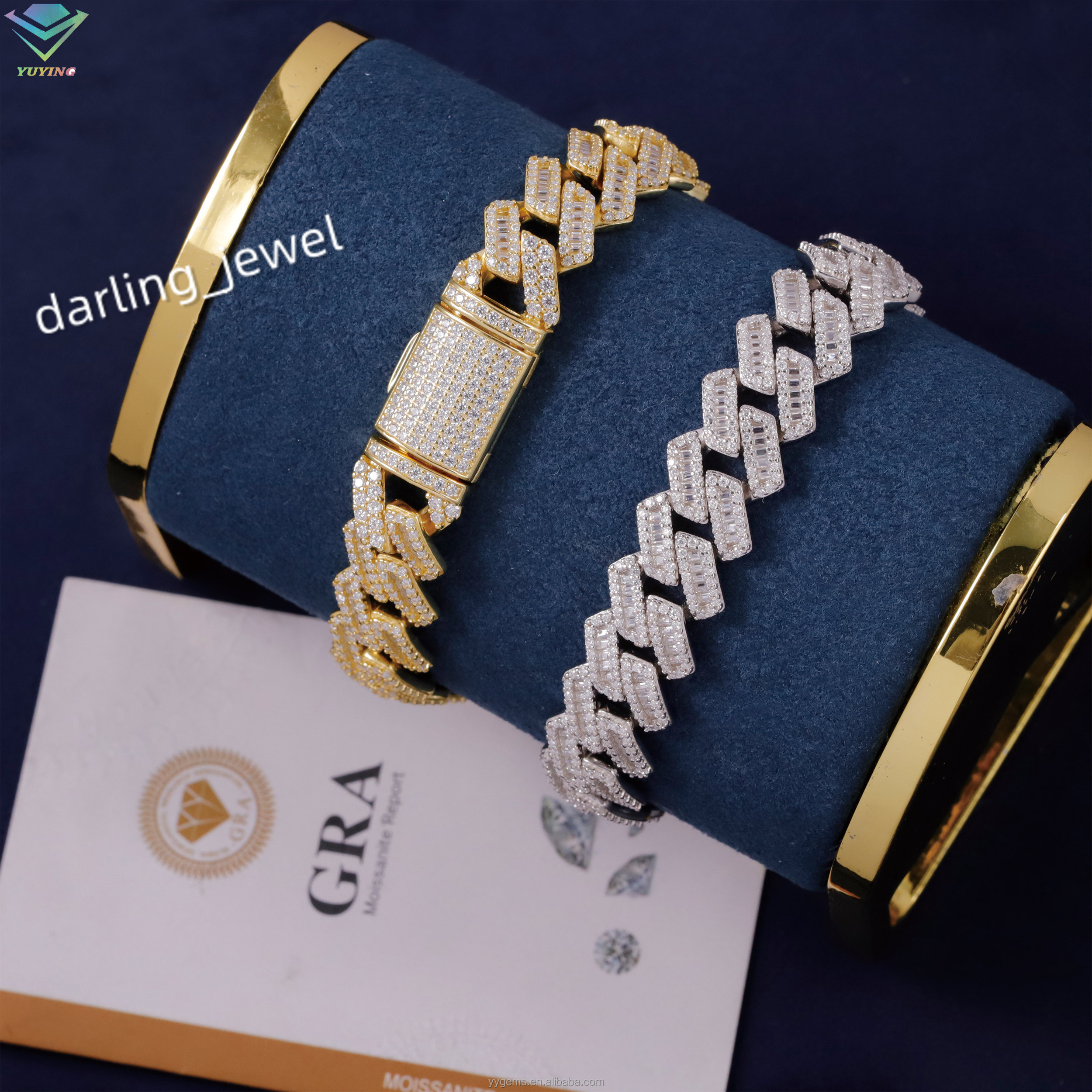Yu ying VVS Moissanite Bracelet 13mm S925 Silver Hip Hop Bracelet iced out Baguette Moissanite Diamond Cuban Bracelet For Men