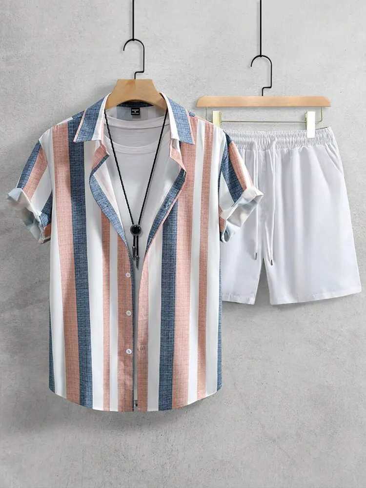 Hawaiian summer mens two-piece shirt set with striped print casual suit mens short sleeved beach shortsXJ250412