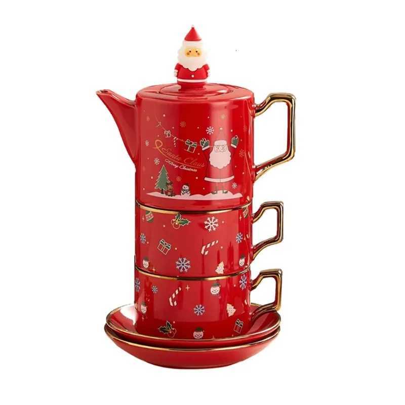 Christmas JUSTINLAU Christmas Coffee Cup Saucers Stackable Red Ceramics Teaware Sets Santa Claus Snowman Elk Teapot Teacup Xmas Gifts Y251112