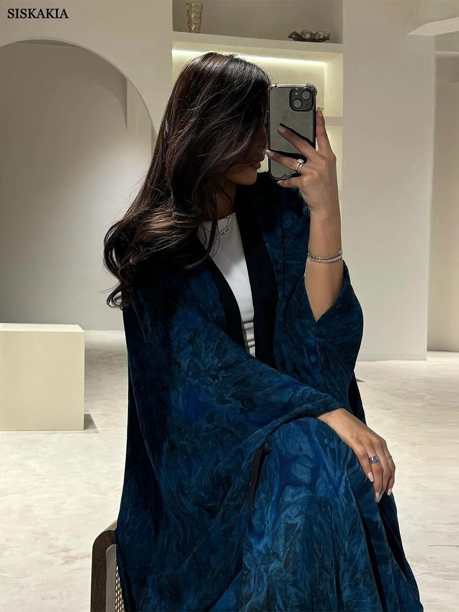 Siskakia Eid Mubarak Clothing Dubai Fashion Tie Dye Long Abaya Muslim Women Bat Sleeve Dress 250411