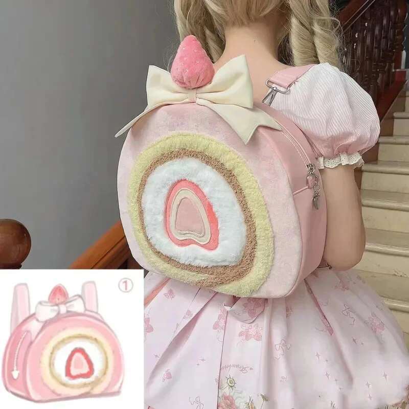 New Cute Lolita Cake Roll Bags Women Sweet Kawaii Pink Bag For Girl Christmas Gift Strawberry Travel Backpack