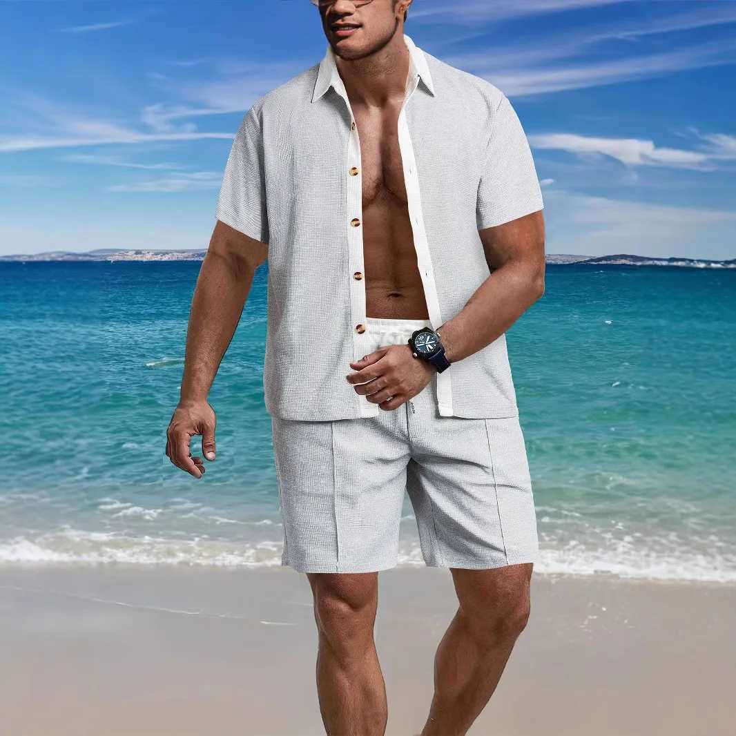 Mens fashion trend casual collar button color shirt short sleeved shorts set summer beach mens sports two-piece setXJ250412