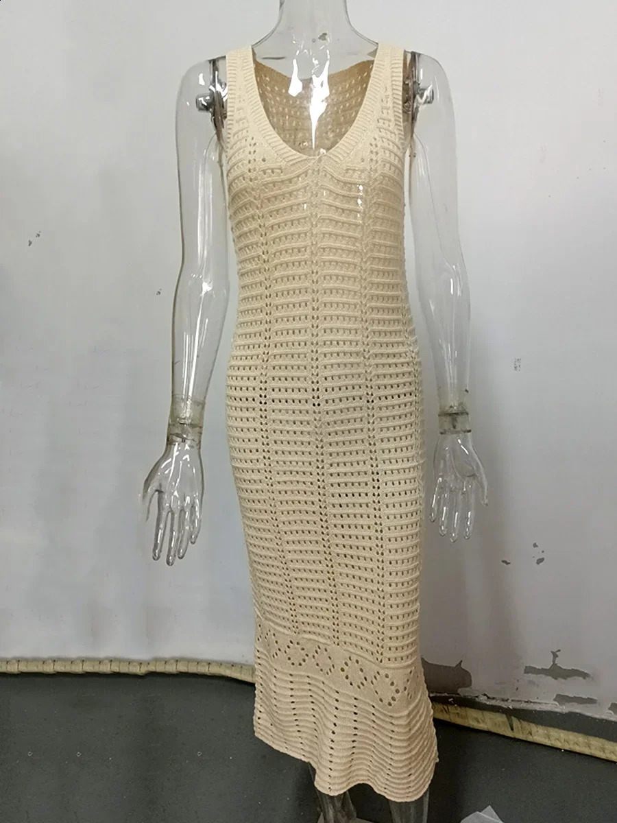 S - XL 2025 V Neck Hollow Out Crochet Knitted Tunic Beach Cover Up Long Cover-ups Beach Dress Beach Wear Beachwear Female Women 250411