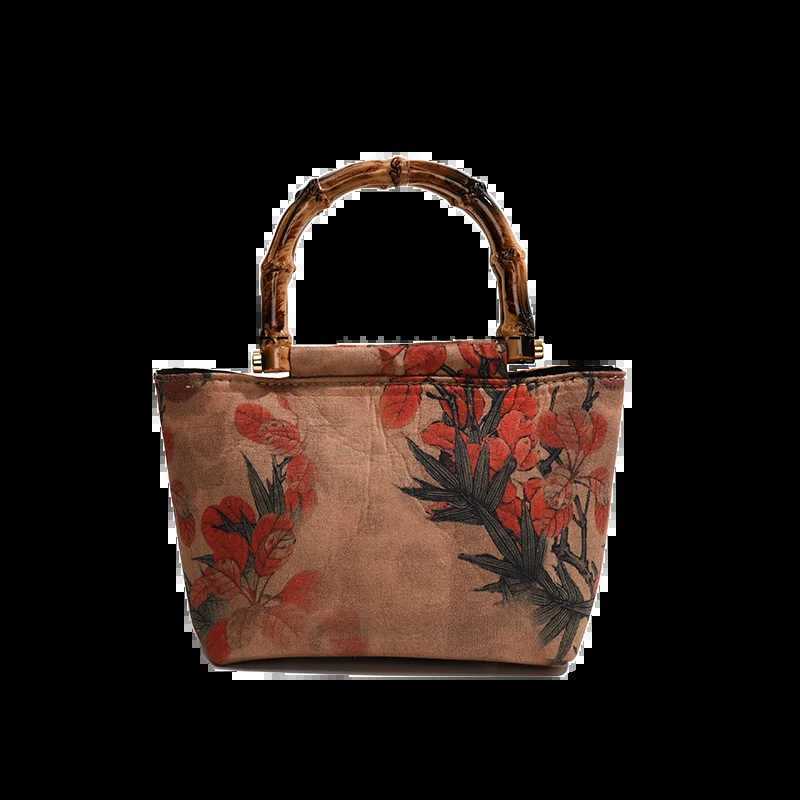 New Fi Printing Design Womens Canvas Handbag Ethnic Flower Womens Handbag Wooden HandbagXJ250412
