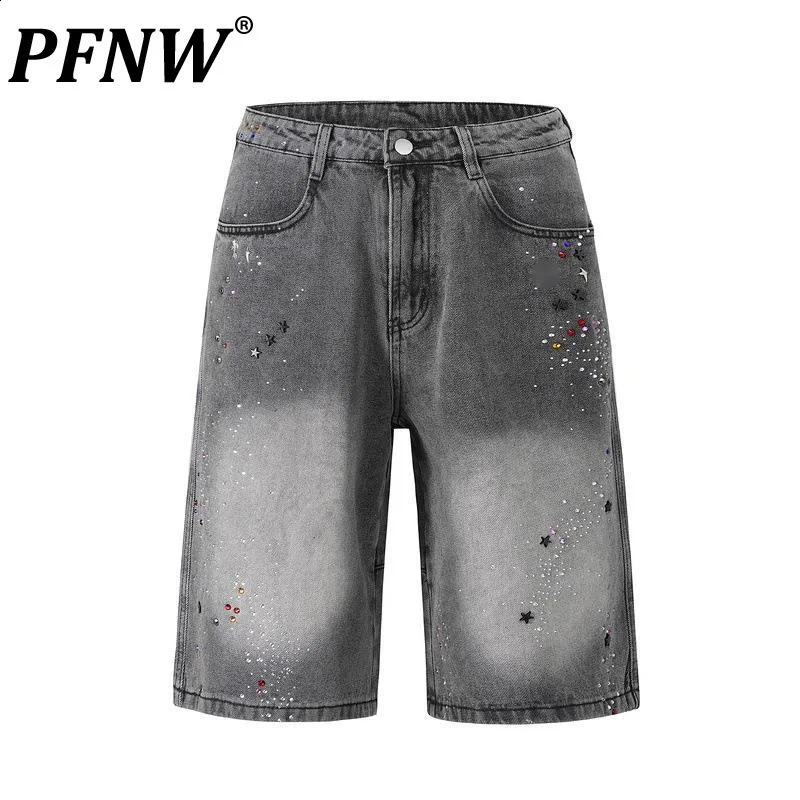 PFNW Street Washed Heat-melting Rhinestone n Retro Denim Shorts Mens 2025 Summer Chic Grey Straight Knee Length Pants 250411