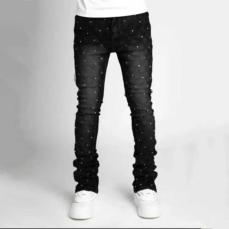 Mens personalized stacked jeans slim fit elastic pearl denim laminated pants mens fashionable straight jeans W250412
