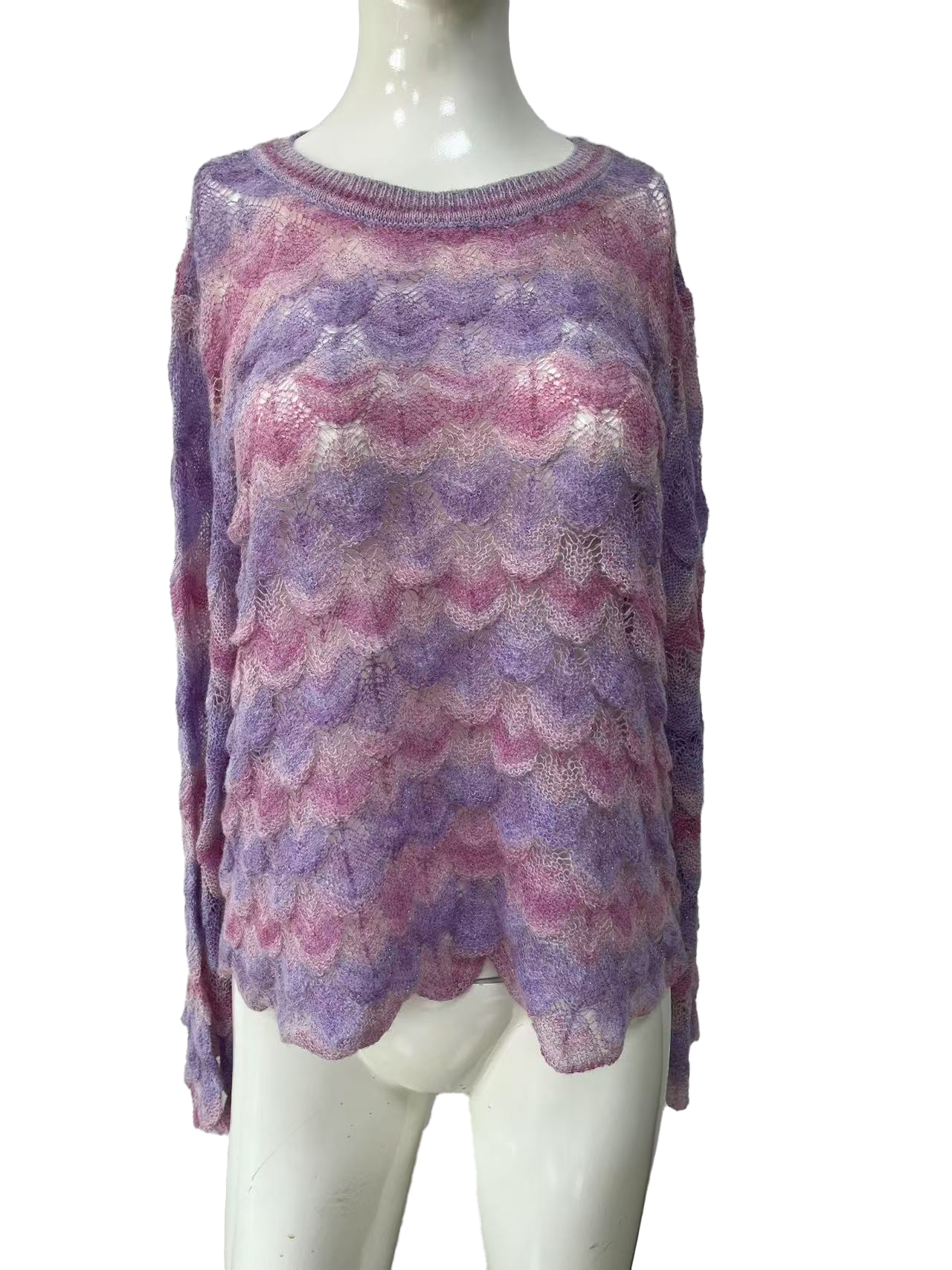 Stylish Woman's Casual Round Neck Pullover - Unique Floral Scale Motif & Premium Horsehair Mix Fabric