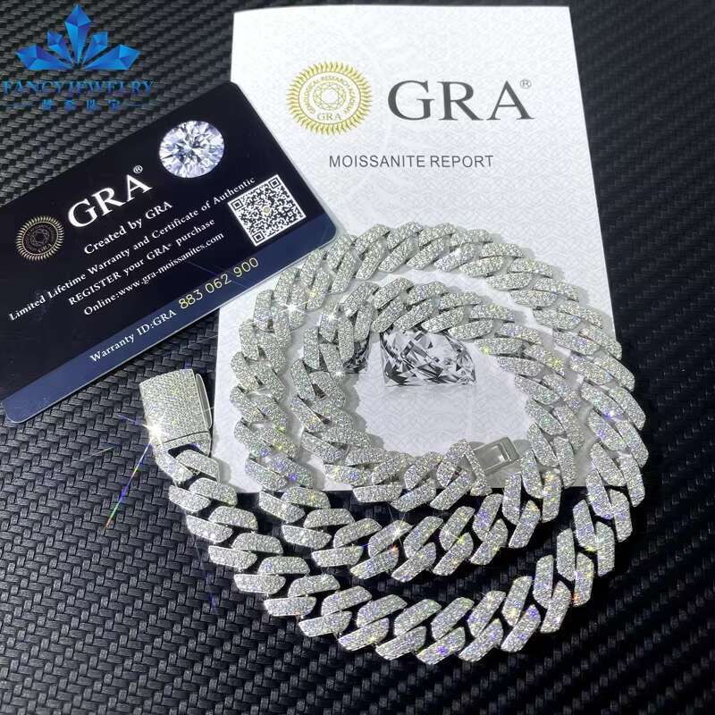 Custom Hip Hop Necklace Jewelry 925 Silver Yellow Solid Gold VVS1 Moissanite Diamond Iced Out 12mm 15mm 20mm Cuban Link Chain