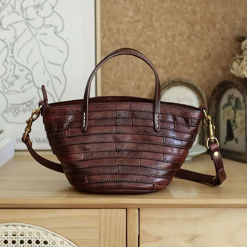 Head Layer Tanned Cowhide Hundred Small Vegetable Basket Splicing Women's Bag Single Shoulder Crossbody Handheld Retro