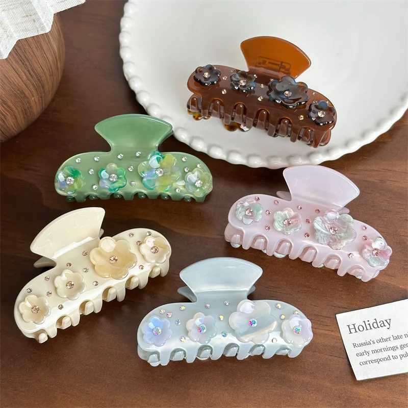 French vintage medium-sized acetate hair clip high-end rhinestone flower crab clip womens hair clip Y2504012