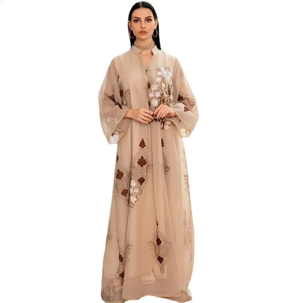 Kaftan Muslim Abaya Women Summer Fashion Long sleeved Vneck sequined long skirt Dubai 250411