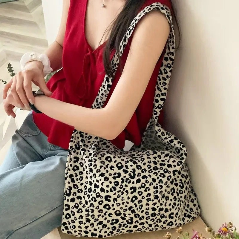 Fashion canvas bag womens handbag large capacity bottom retro leopard print shoulder shopping 250401