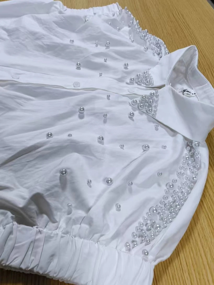 Pearls Embroidered Flares Cotton Loose Casual White Shirts Blouses For Women 2025 Summer Short Sleeve Single Breasted Top 250411