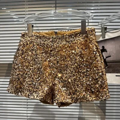6 Colors 2024 Shiny Sequined Hip Shorts Women High Waist Slim-Fit Sequins Black Bodycon Skirt Girl Party Club Shorts 250409