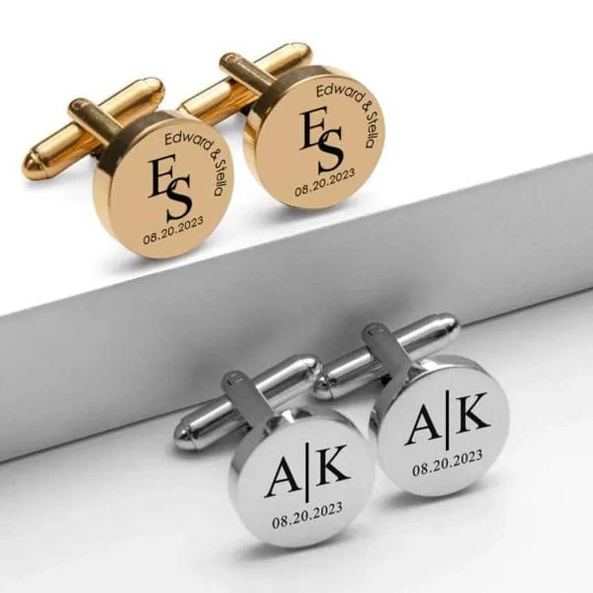 Men Dad Husband Groom Customized Round Carving Cufflink Set Wedding Anniversary GiftT250412