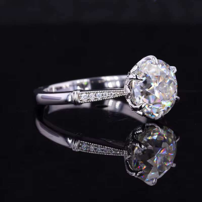 Starsgem Moissanite Ring 14k White Solid Gold Old European Cut OEC Moissanite Engagement Ring