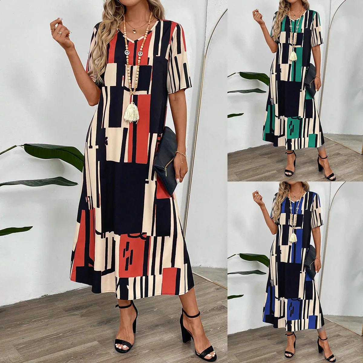 2025 Summer Womens Dress Print V-neck Short-sleeved Loose Long Dress Fashion Elegant Casual Loose Beach Party Dress Robe Femme 250411