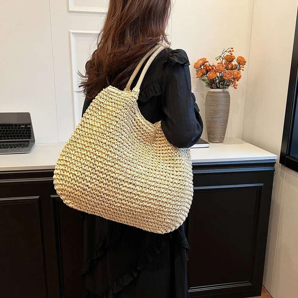 Women Straw Tote Large Capacity Vintage Shoulder Solid Color Crochet Beach Handbag Ladies Summer Daily Bag