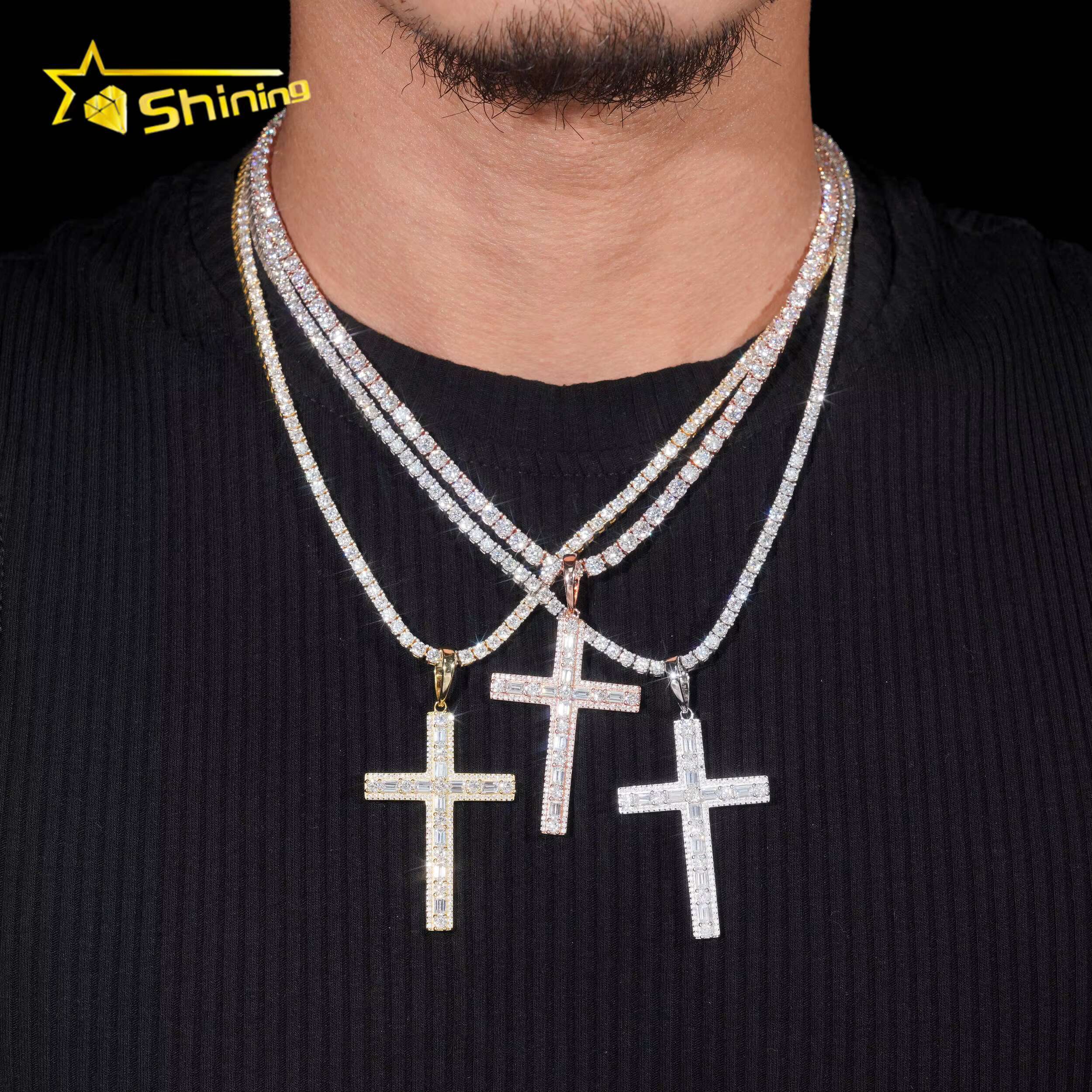 Hot Sale Baguette Moissanite Cross Pendant 925 Sterling Silver Gold Plated Pass Diamond Tester GRA Moissanite Charms Necklace