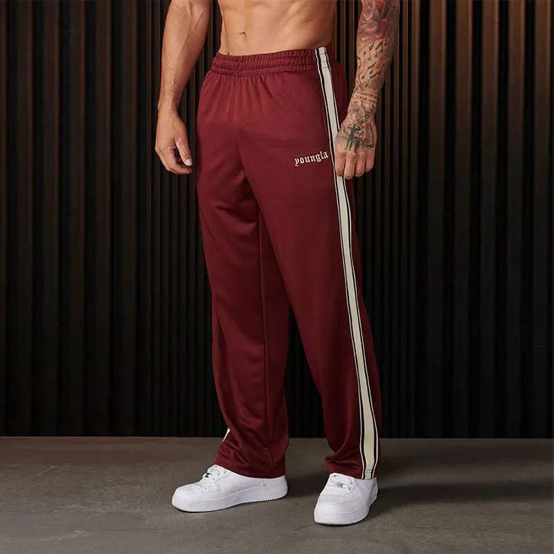 2025YOUNGLA, Men's with Ribbon Stripe Splicing Embroidered Casual Pants, Gym Sports Straight Pants
