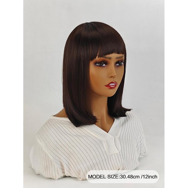 12 Inch Medium Brown Short Bob With Bangs Light Yaki Straight Blunt Cut Glueless Realistic Look Daily Costume Wig For Women Synthetic Heat Resistant H