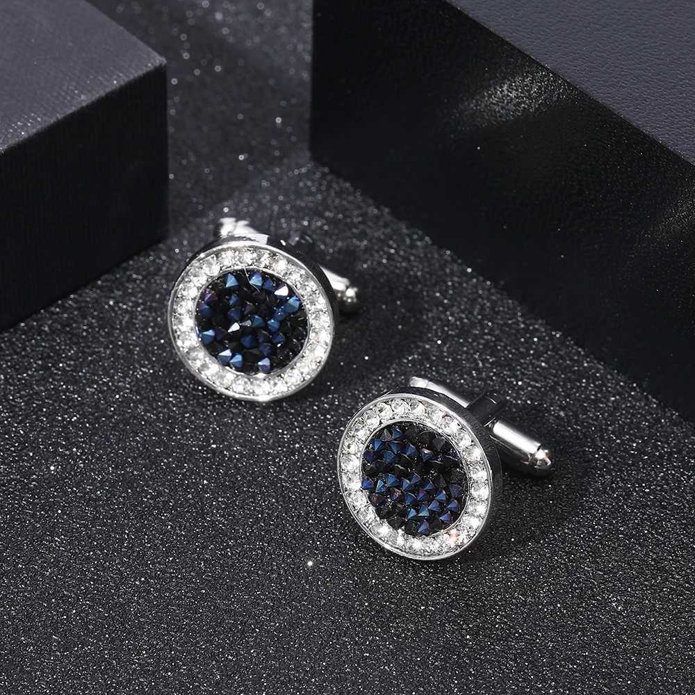 2 pieces/set of new high-end fashionable mens shirt crystal cufflinks luxurious design silver round blue rhinestone cufflinksT250412