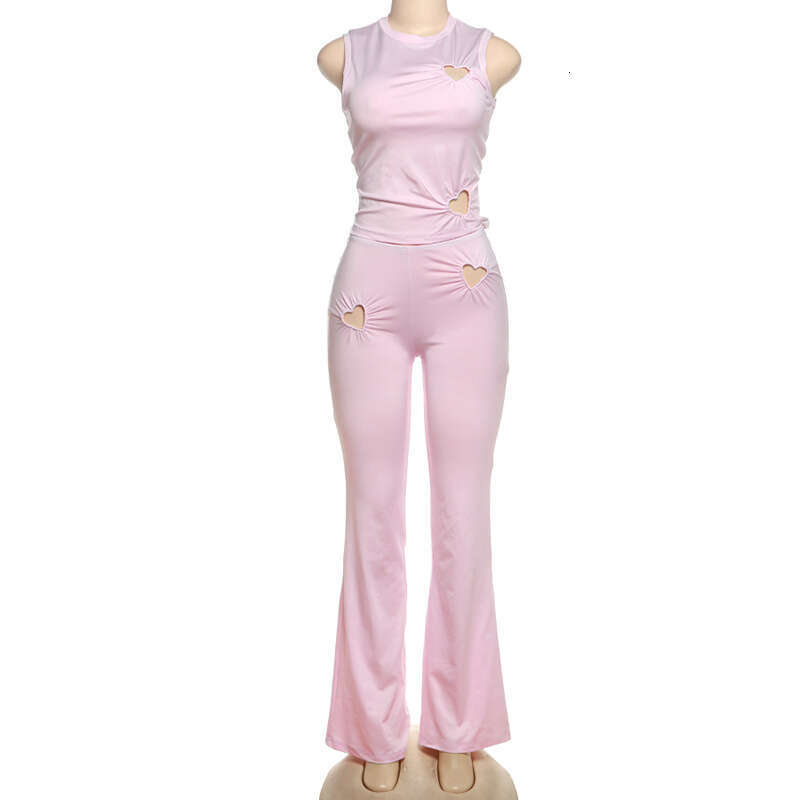 Women's Wear Spring/Summer New Women's Clothing Personalized Fashion Love Hollow Solid Color Simple Sleeveless Tank Top Pants Set