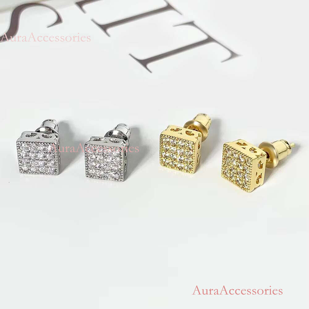 Korean square Shape Sier Zircon Cz Pave Setting Gold Plated Stud Earrings for Women
