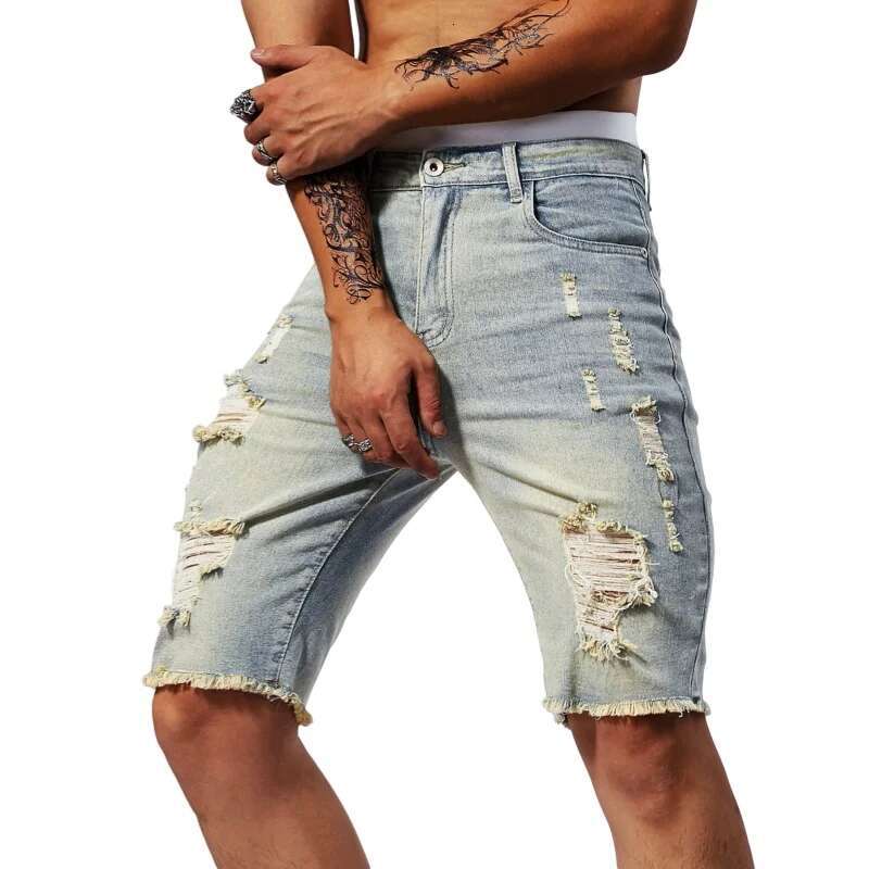 Men's Summer Casual Personality Irregular Foot Denim Shorts Wool Ripped Vintage Street Fifth Jeans
