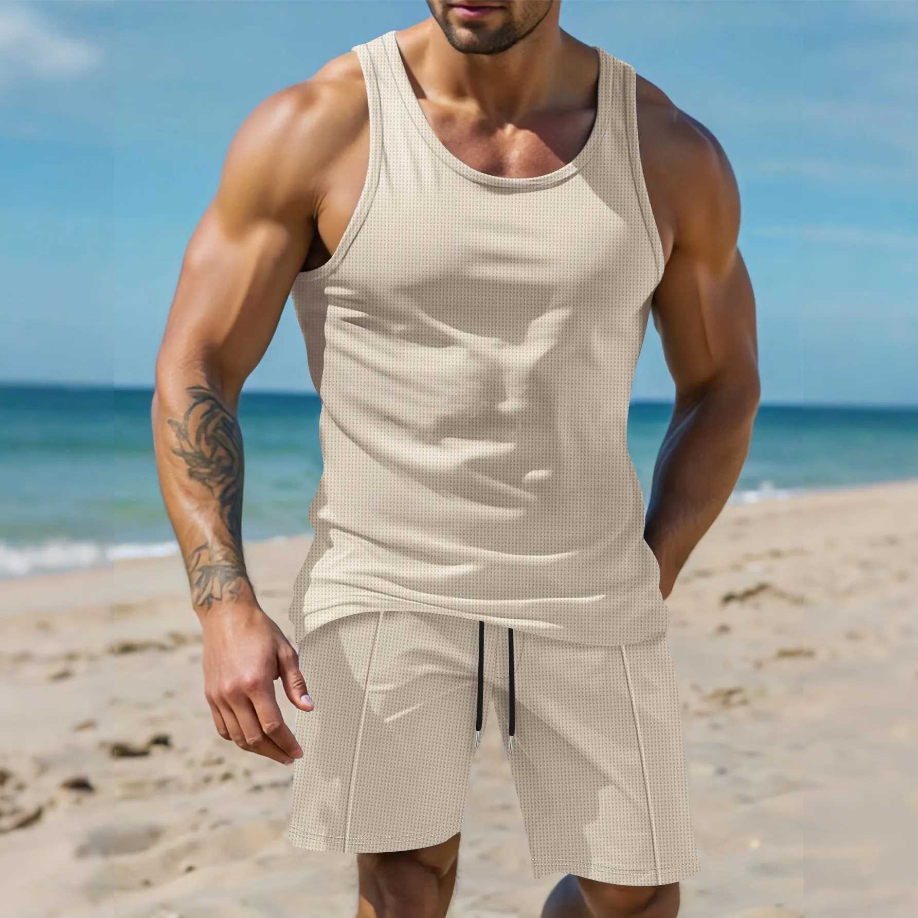 2015 new mens sports and leisure solid color breathable waffle thin summer vest drawstring shorts two setsXJ250412