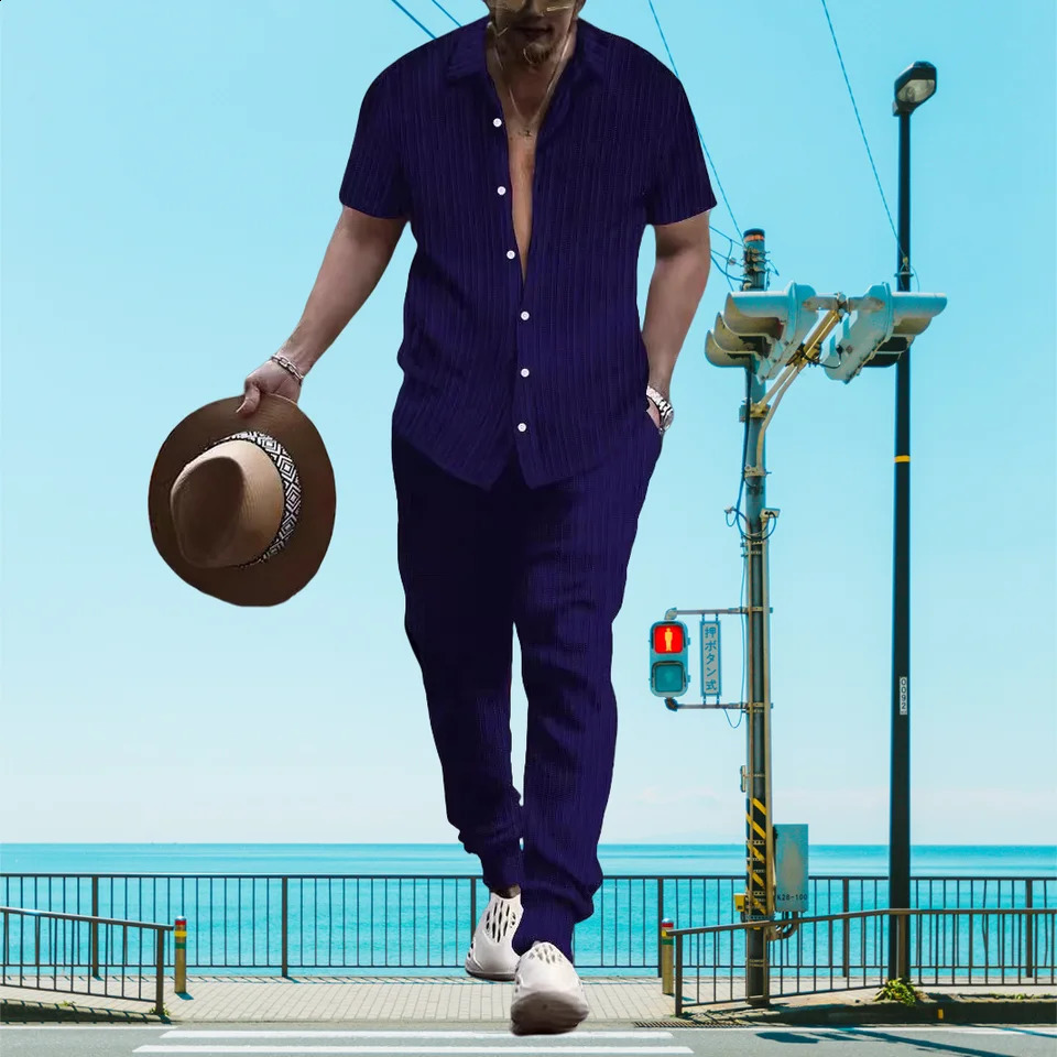Ultra thin and lightweight summer mens casual loose short sleevedTrousers beach set casual solid color lapel set 250411