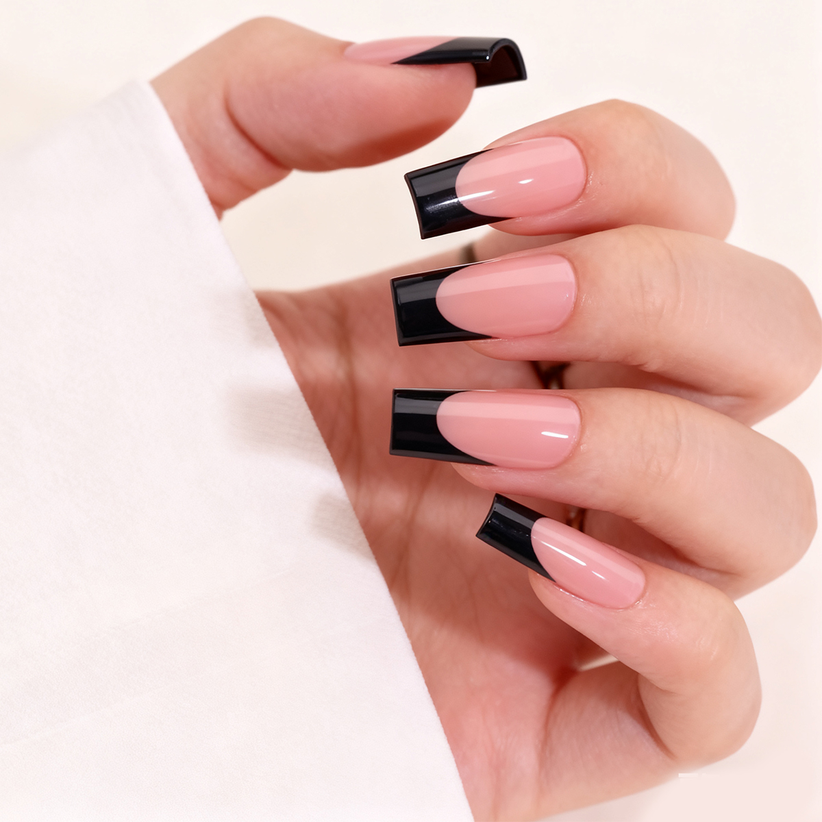 French Black Coffin Long Press-On Nails for Women - Available in 16 Sizes with 32 Reusable Pieces