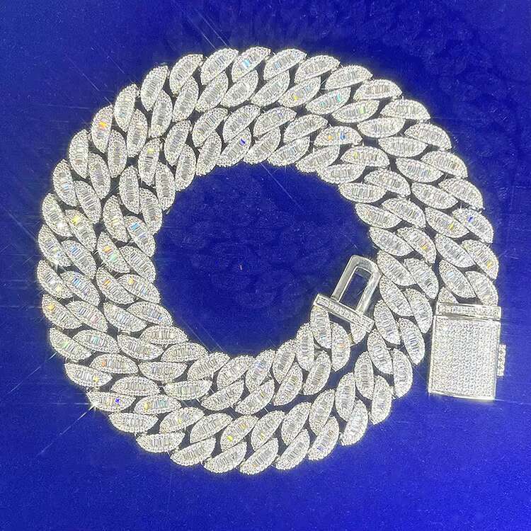 RTS Hip Hop 15mm Necklace Sterling Silver With VVS Baguette Moissanite Cuban Link Chain for Rapper