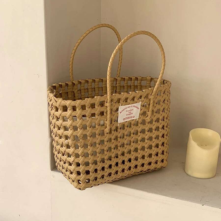 Ins Label Bag Woven Storage Vegetable Basket Vacation Travel Picnic Candy Color Women Hollow Outdoor Beach Handbagg