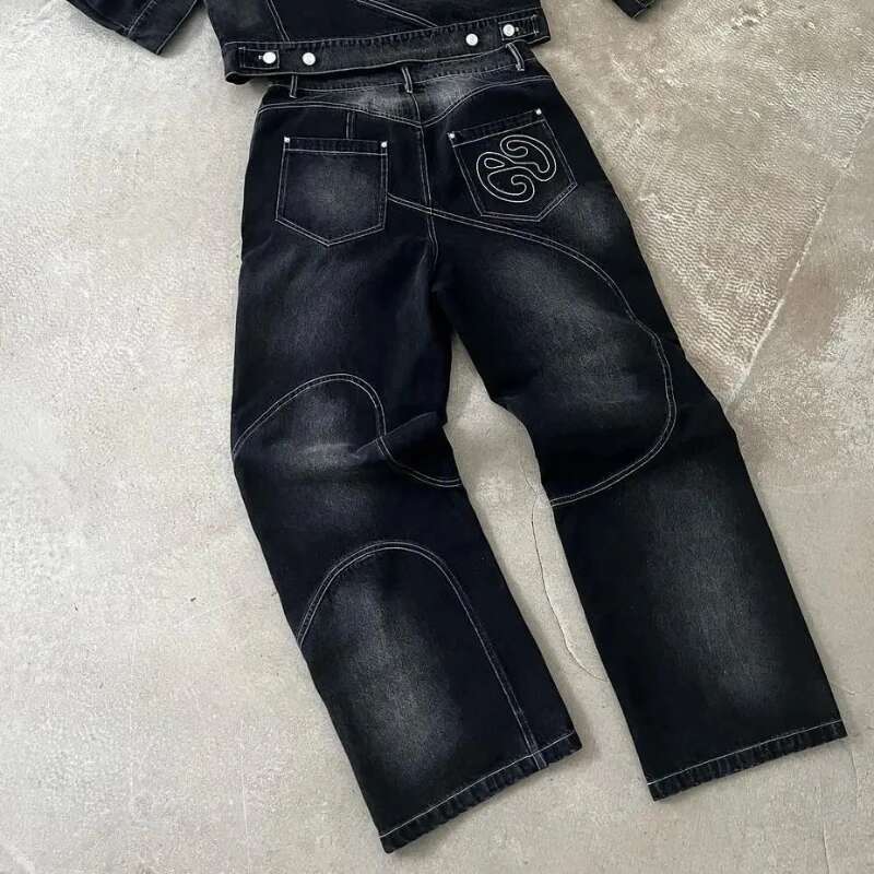 Street washed punk vintage men patchwork jeans Y2K fashionable loose fitting Gothic high waisted Haruku straight leg pants