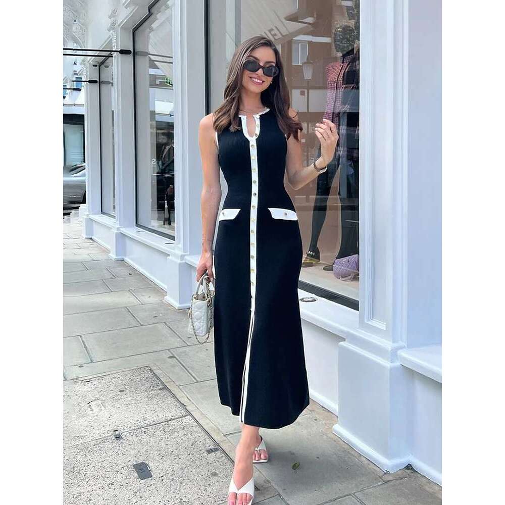 TARUXY Elegant Sleeveless Single-Breasted Ribbed Knitwear Long For Women High Waist Bodycon Knitted Fake Pocket Dress New