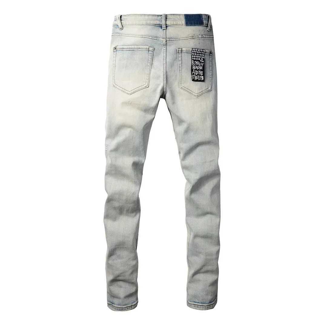Newcomer US High Street KSUBI Cross Jeans Mens Distressed Blue Fashion Printed Elastic Tight Tear Hole Wear Jeans W250412