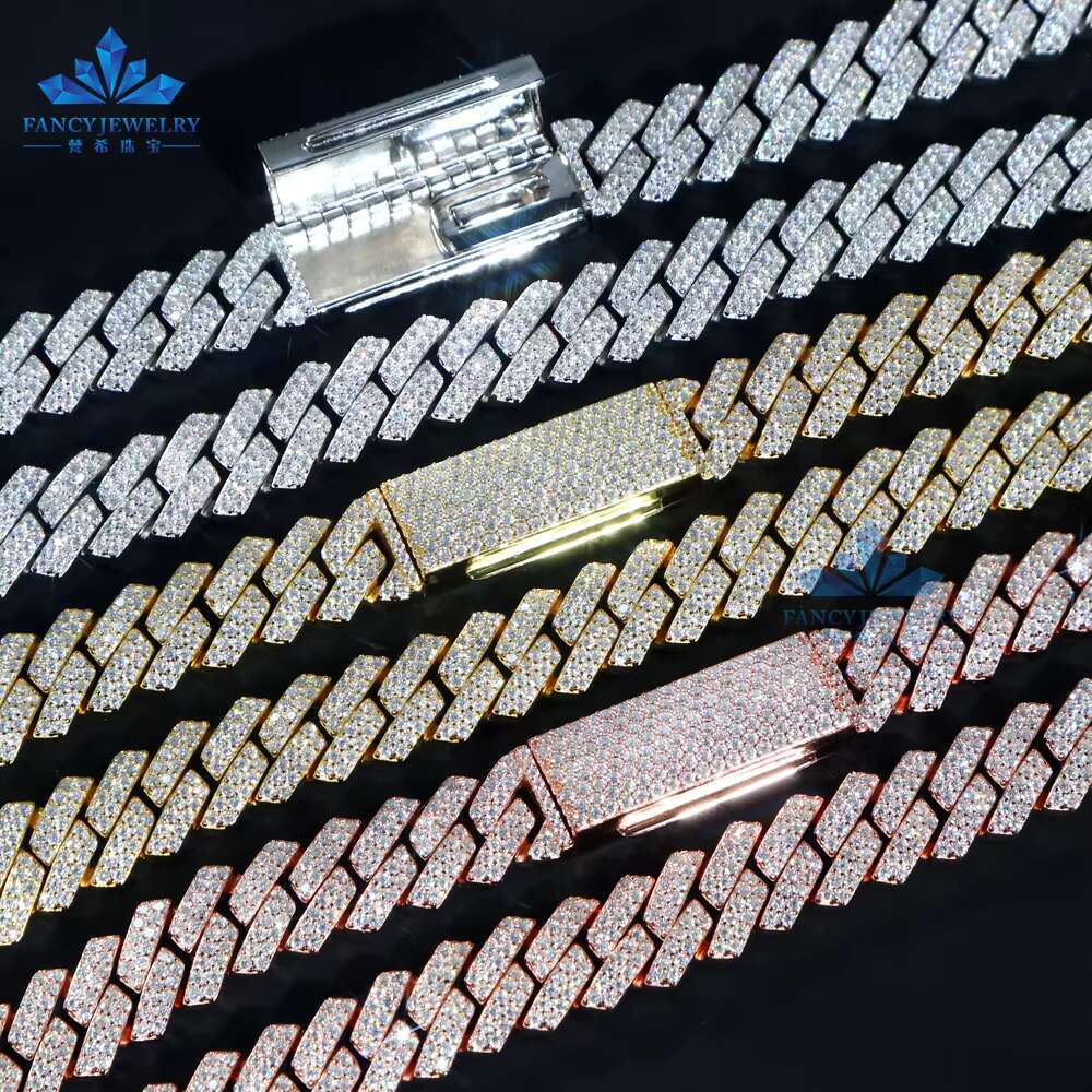 Trendy Factory Direct Sale 925 Silver Cuban Link Chain Necklace 8mm-15mm Sizes with Iced VVS Moissanite Diamond Hip Hop Gift