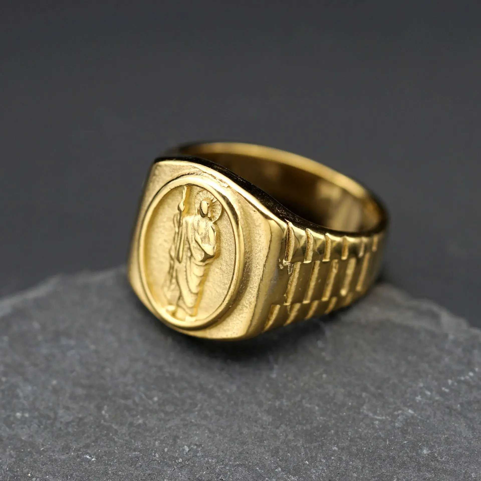 New Golden Catholic St. Jude Cross Ring Mens Fashion 316L Stainless Steel Bible Jesus ExorcistXJ250412