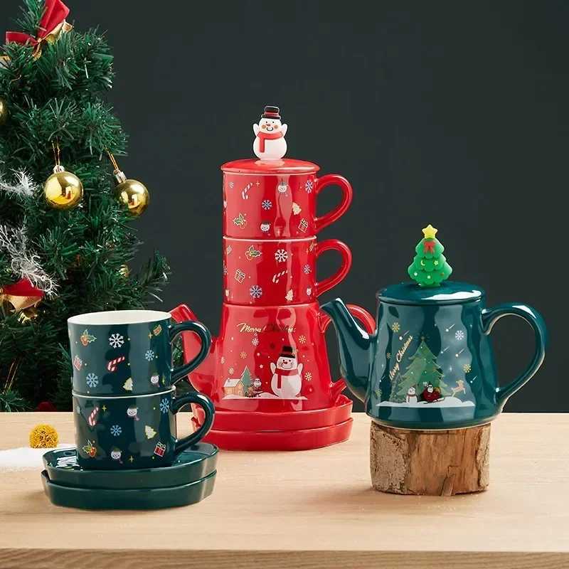 Christmas Christmas Ceramics Teaware Sets Coffee Cup Saucer Santa Claus Elk Snowman Tea Pot and Cup Set Drinkware Xmas Gift 1 Pot 2 Cups Y251112