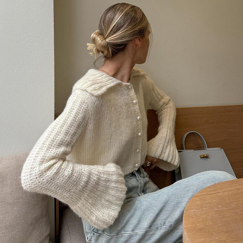 Women's solid color cardigan sweater coat loose fit large collar flared sleeves with pearl buttons a versatile fashion sweater lovely and elegant