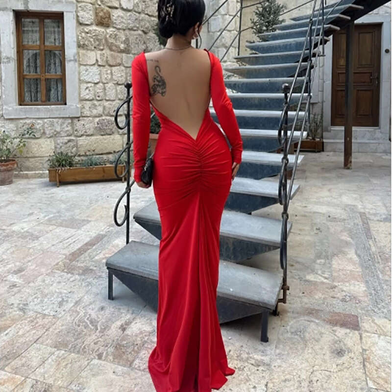2025 Design INS Slim Fit Long Sleeve Red Backless Sexy Bodycon Dress