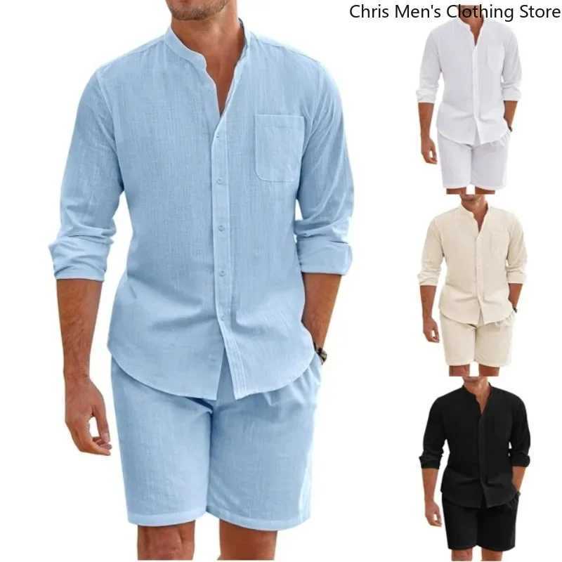 Hot selling comfortable and breathable soft shirts and shorts mens beach vacation mens cotton linen long sleeved two-piece setXJ250412