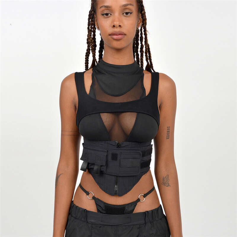 Women's Wear Feng Spring/Summer Women's New Fashion Mesh Splicing Velcro Solid Color Round Neck Waist Tight Top
