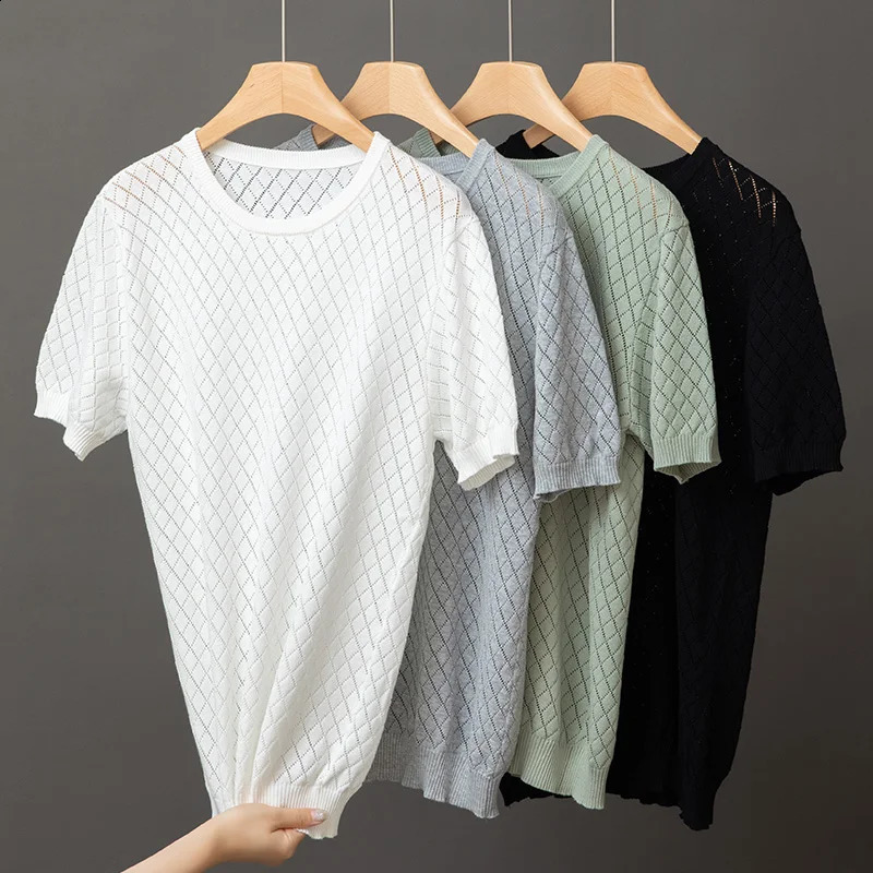 Men Knitwear 100% Cotton Sweater Pullover O-Neck T-shirt Short sleeve Hollow Out Breathable Comfortable High-Quality Lattice 250407