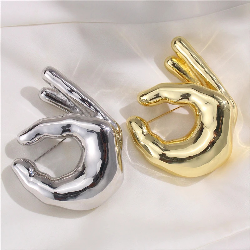 HUANQI Glossy Metal OK Gesture Hand drawn Palm Chest Suitable for Girls Competition Set Shawl Pin Creative Accessories 250407