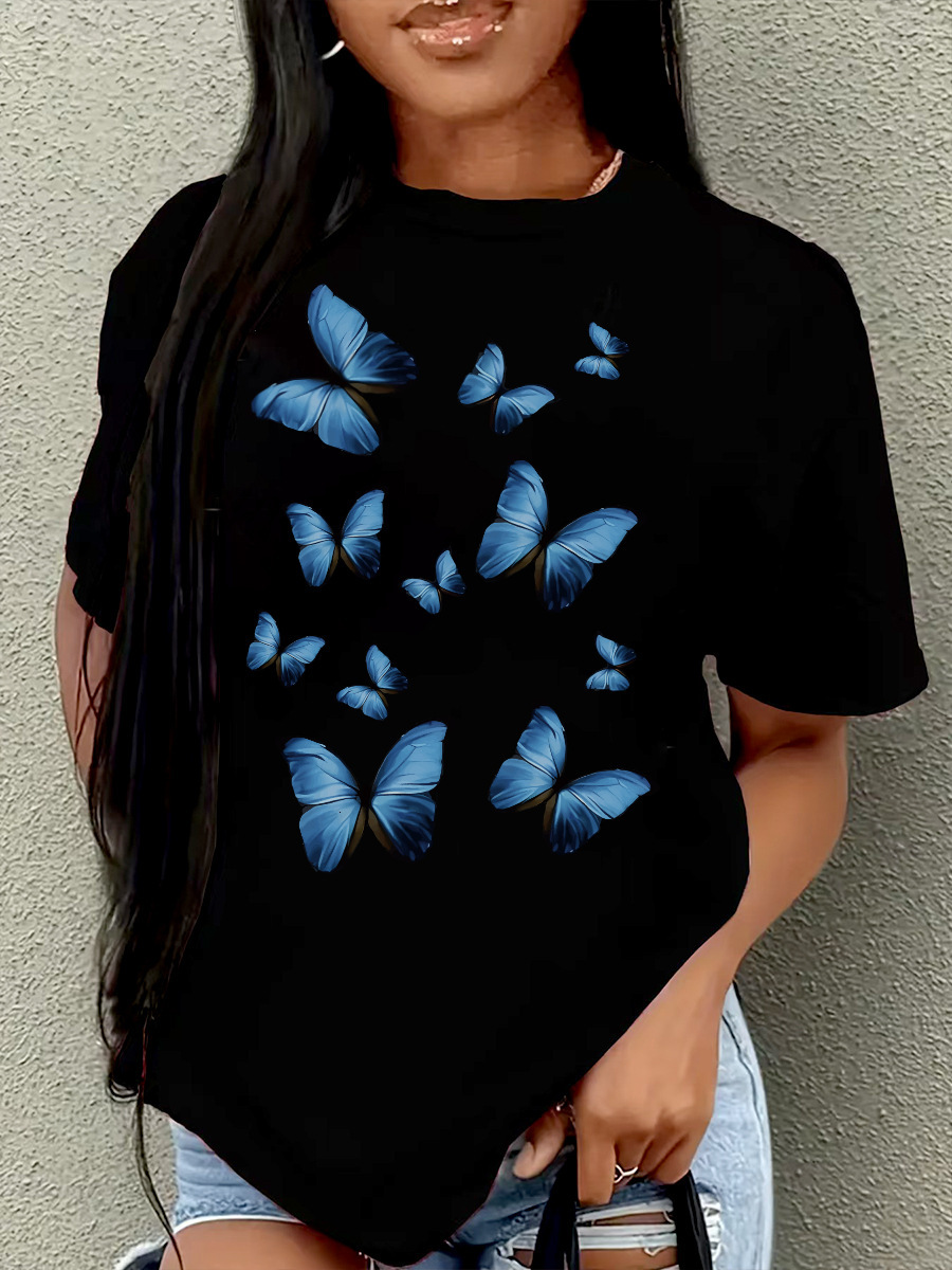 2025 Designer Women's Square Neck T-shirt Summer Plus Size Black Butterfly Print Women's Short Sleeved Top Fashionable And Casual Design Sen