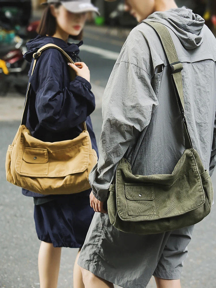 Canvas Messenger Bag Versatile Flip Large Capacity Shoulder Bag Student Adjustable Cross Bag 250411